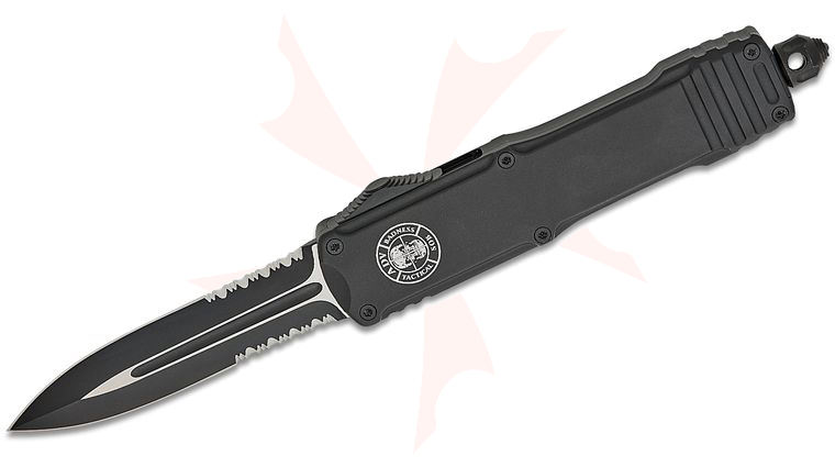 Andre De Villiers Knives/Backup Tactical Stinger OTF AUTO Knife 3.625 inch S35VN Black Double Combo Edge Dagger Blade, Black Aluminum Handles