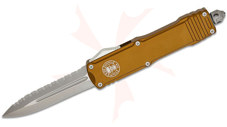 Andre De Villiers Knives/Backup Tactical Stinger OTF AUTO Knife 3.625 inch S35VN Satin Plain/Serrated Double Edge Dagger Blade, OD Green Aluminum Handles