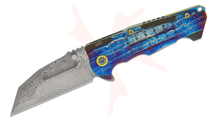 Andre De Villiers Knives Invader #22 Frame Lock Flipper Knife 4 inch VG-10 Damascus Compound Wharncliffe Blade, Blue Acid Rain Frag Titanium Handles, Gold Accents