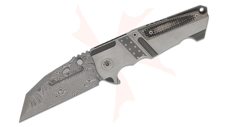 Andre De Villiers Knives Invader Frame Lock Flipper Knife 4 inch VG-10 Damascus Compound Wharncliffe Blade, Satin Titanium Handles with Copper Matrix Inlay