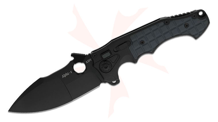 Andre De Villiers Knives Alpha-S Flipper Knife 4.5 inch S35VN Black Cerakoted Drop Point Blade with Wave, Black Titanium Handles with Gray Frag G10 Inlays
