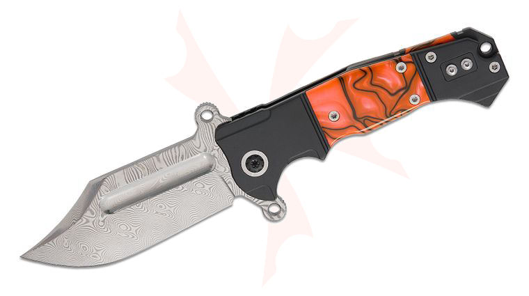 Andre De Villiers Knives Badlands Bowie 2 #13 Flipper Knife 4 inch Polished VG-10 Damascus Clip Point Blade, Black Cerakote Titanium Handles with Toxic Orange Kirinite Inlays