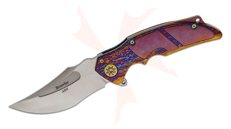 Andre De Villiers Knives Brawler #04 Frame Lock Flipper Knife 3.875 inch M390 Hand Rubbed Satin Recurve Blade, Acid Rain Titanium Handles with Copper Anodized Titanium Inlays, Gold Accents