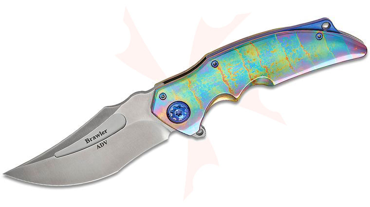 Andre De Villiers Knives Brawler Frame Lock Flipper Knife 3.875 inch M390 Hand Rubbed Satin Recurve Blade, Iridescent Acid Rain Titanium Handles, Purple and Blue Accents