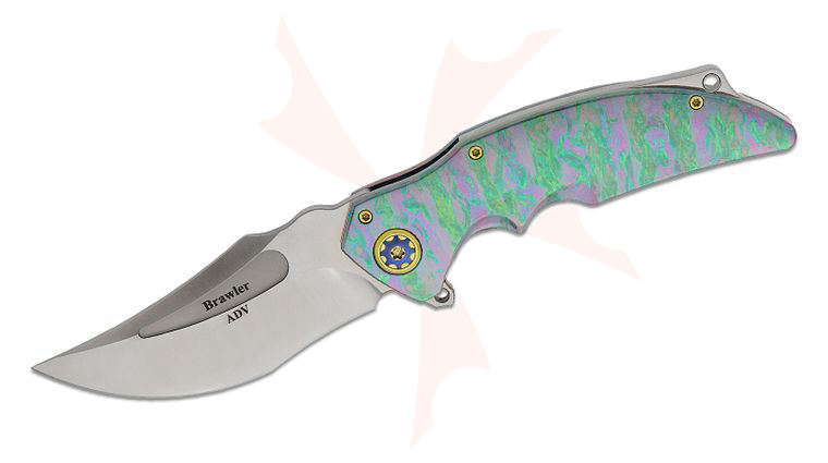 Andre De Villiers Knives Brawler #39 Frame Lock Flipper Knife 3.875 inch M390 Hand Rubbed Satin Recurve Blade, Iridescent Acid Rain Titanium Handles, Gold Accents
