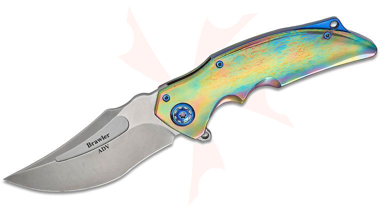Andre De Villiers Knives Brawler Frame Lock Flipper Knife 3.875 inch M390 Hand Rubbed Satin Recurve Blade, Iridescent Acid Rain Titanium Handles, Blue Accents