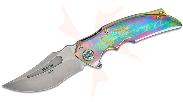 Andre De Villiers Knives Brawler Frame Lock Flipper Knife 3.875 inch M390 Hand Rubbed Satin Recurve Blade, Iridescent Acid Rain Titanium Handles, Gold Accents