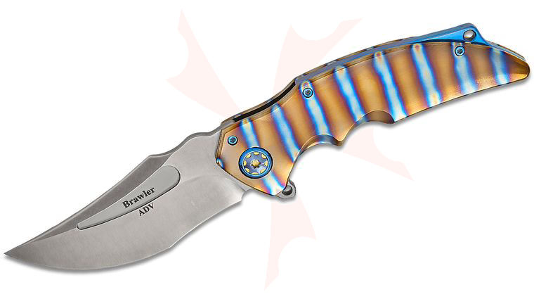 Andre De Villiers Knives Brawler Frame Lock Flipper Knife 3.875 inch M390 Hand Rubbed Satin Recurve Blade, Flame Anodized Titanium Handles, Blue Accents