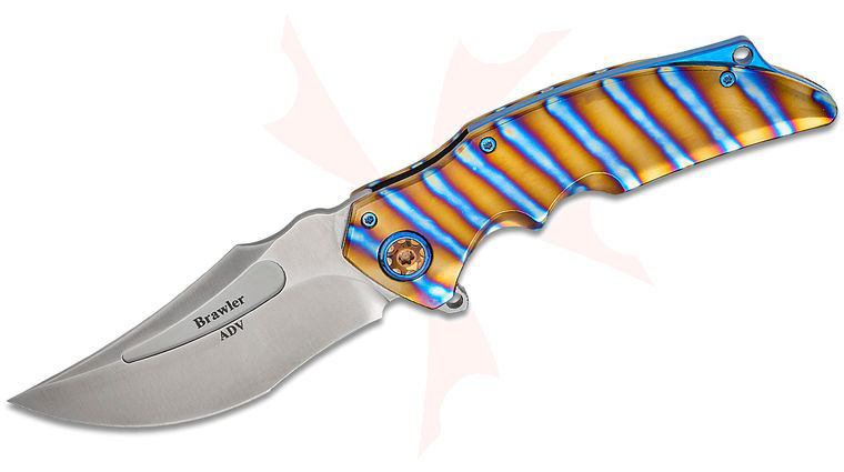 Andre De Villiers Knives Brawler Frame Lock Flipper Knife 3.875 inch M390 Hand Rubbed Satin Recurve Blade, Flame Anodized Titanium Handles, Blue Titanium Accents
