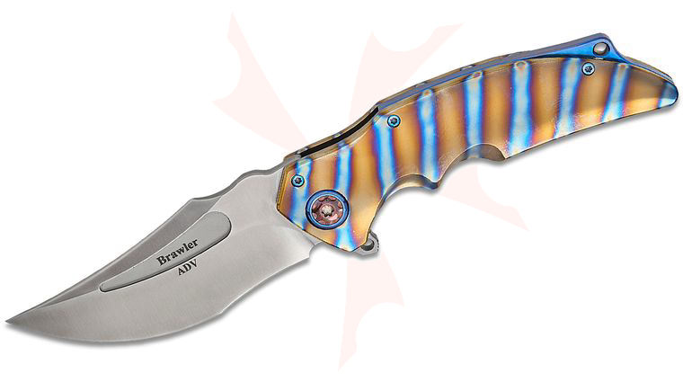 Andre De Villiers Knives Brawler Frame Lock Flipper Knife 3.875 inch M390 Hand Rubbed Satin Recurve Blade, Flame Anodized Titanium Handles, Flamed and Blue Titanium Accents