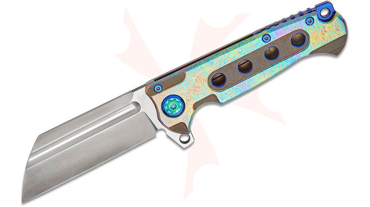 Andre De Villiers Knives Butcher L Flipper Knife 4 inch S35VN Satin Wharncliffe Blade, Iridescent Acid Rain Anodized Titanium Handles