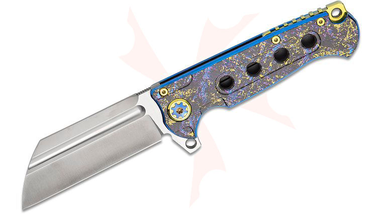 Andre De Villiers Knives Butcher L Flipper Knife 4 inch S35VN Satin Wharncliffe Blade, Blue Dazzle Anodized Titanium Handles