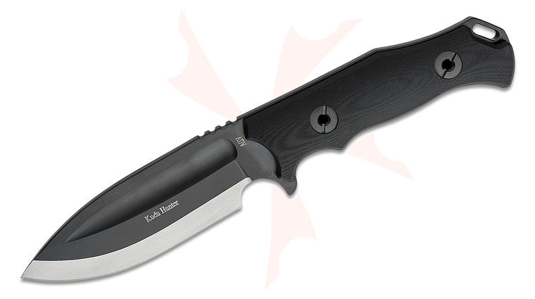 Andre De Villiers Knives Kudu Hunter Fixed Blade Knife 4.5 inch AUS-10 Black Two-Tone Drop Point, Black G10 Handles, Kydex Sheath