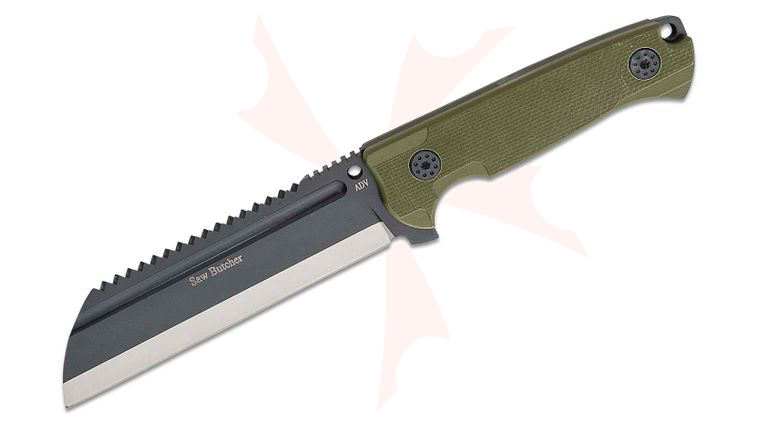 Andre De Villiers Knives Saw Butcher Kal-Gard Fixed Blade Knife 6 inch D2 Gray Cerakote Two-Tone Sawback Wharncliffe Blade, OD Green G10 Handles, OD Green Kydex Sheath