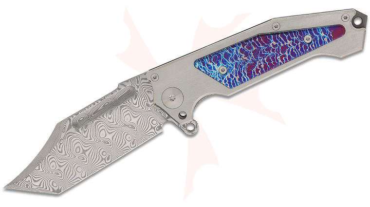 Andre De Villiers Knives Freak #16 Flipper Knife 4.5 inch VG-10 Damascus Clip Point Tanto Blade, Satin Titanium Handles with Acid Rain Titanium Inlays