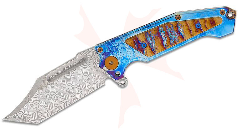 Andre De Villiers Knives Freak #09 Flipper Knife 4.5 inch VG-10 Damascus Clip Point Tanto Blade, Acid Rain Titanium Handles with Acid Rain Titanium Inlays