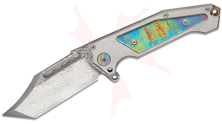 Andre De Villiers Knives Freak Flipper Knife 4.5 inch VG10 Damascus Clip Point Tanto Blade, Brushed Satin Titanium Handles with Acid Rain Inlays and Accents