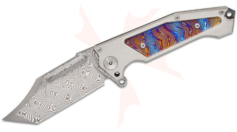 Andre De Villiers Knives Freak Flipper Knife 4.5 inch VG10 Damascus Clip Point Tanto Blade, Brushed Satin Titanium Handles with Boomerang Zircuti Inlays