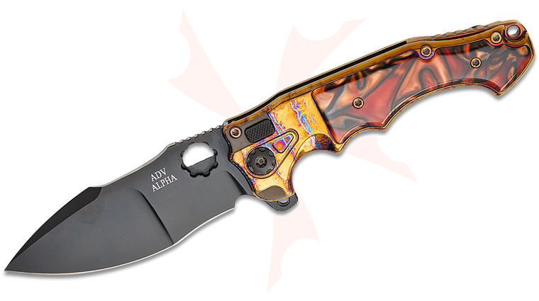 Andre De Villiers Knives Mini Alpha Premium Flipper Knife 3.625 inch S35VN Black Cerakote Compound Recurve Blade, Acid Rain Titanium Handles with Bengal Tiger Kirinite Inlays