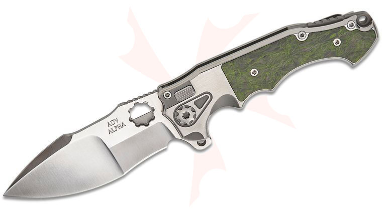 Andre De Villiers Knives Mini Alpha Flipper Knife 3.625 inch S35VN Satin Compound Recurve Blade, Satin Titanium Handles with Green Carbon Fiber Inlays