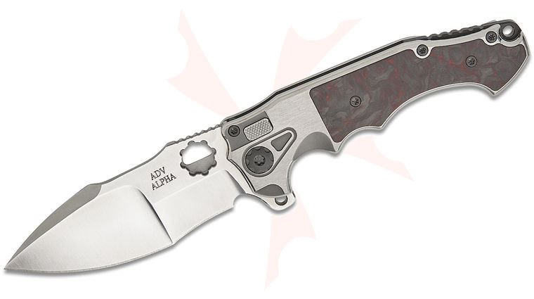 Andre De Villiers Knives Mini Alpha Flipper Knife 3.625 inch S35VN Satin Compound Recurve Blade, Satin Titanium Handles with Red Carbon Fiber Inlays