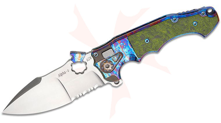 Andre De Villiers Knives Mini Alpha-S Flipper Knife 3.625 inch S35VN Satin Drop Point Combo Blade with Wave, Acid Rain Titanium Handles with Green Carbon Fiber Inlays