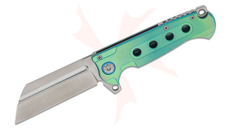 Andre De Villiers Knives Mini Butcher #06 Flipper Knife 3.25 inch S35VN Satin Wharncliffe Blade, Blasted Green Anodized Titanium Handles, Satin Accents