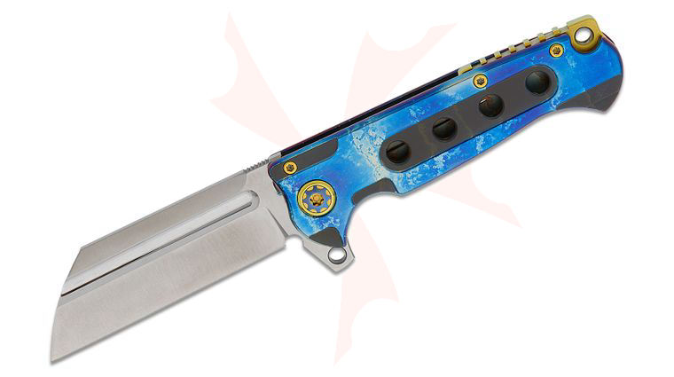 Andre De Villiers Knives Mini Butcher #18 Flipper Knife 3.25 inch S35VN Satin Wharncliffe Blade, Blue Acid Rain Anodized Titanium Handles, Gold Accents