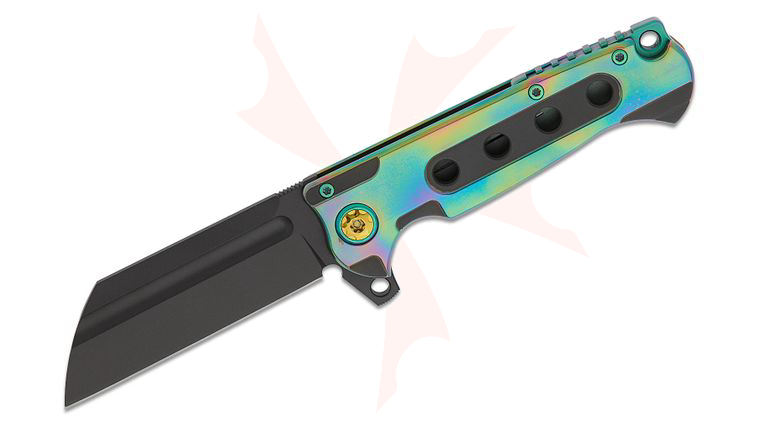 Andre De Villiers Knives Mini Butcher #20 Flipper Knife 3.25 inch S35VN Black Cerakote Wharncliffe Blade, Iridescent Acid Rain Anodized Titanium Handles, Teal Accents