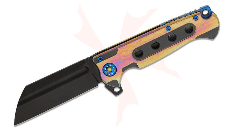 Andre De Villiers Knives Mini Butcher #24 Flipper Knife 3.25 inch S35VN Black Cerakote Wharncliffe Blade, Pale Acid Rain Anodized Titanium Handles, Blue Accents