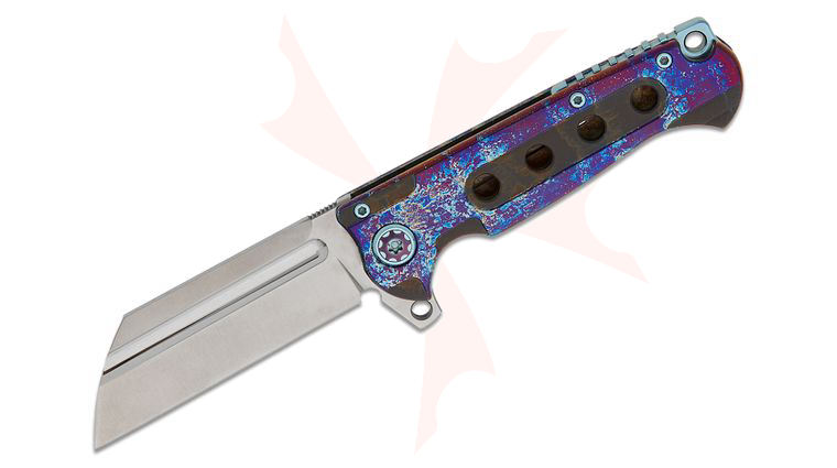 Andre De Villiers Knives Mini Butcher #27 Flipper Knife 3.25 inch S35VN Satin Wharncliffe Blade, Clouds Acid Rain Anodized Titanium Handles, Light Blue Accents