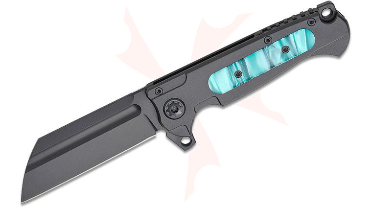Andre De Villiers Knives Mini Butcher Flipper Knife 3.25 inch S35VN Black Cerakote Wharncliffe Blade, Black Titanium Handles with Aqua Marine Kirinite Inlay