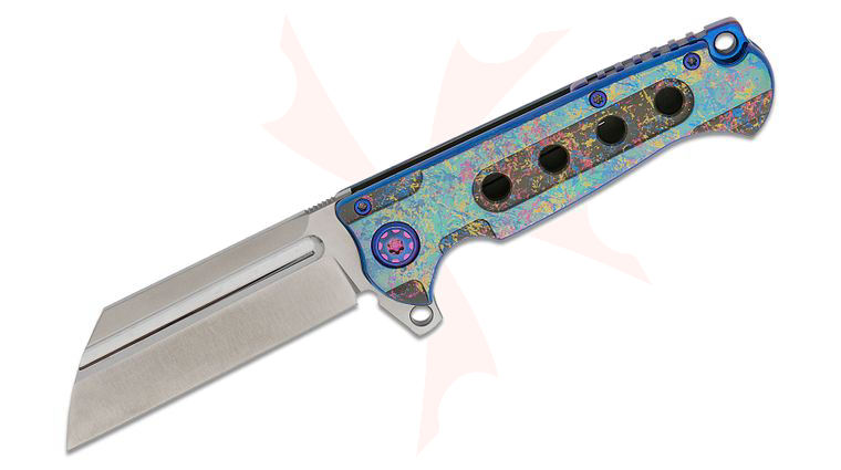 Andre De Villiers Knives Mini Butcher #19 Flipper Knife 3.25 inch S35VN Satin Wharncliffe Blade, Polished Blue Dazzle Anodized Titanium Handles