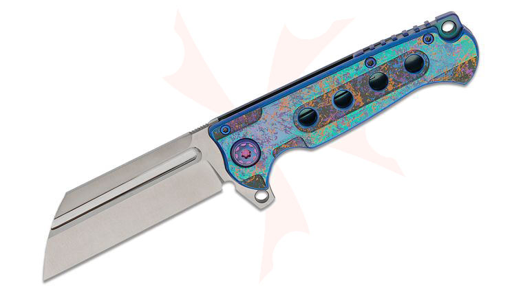Andre De Villiers Knives Mini Butcher #04 Flipper Knife 3.25 inch S35VN Satin Wharncliffe Blade, Polished Blue Dazzle Anodized Titanium Handles