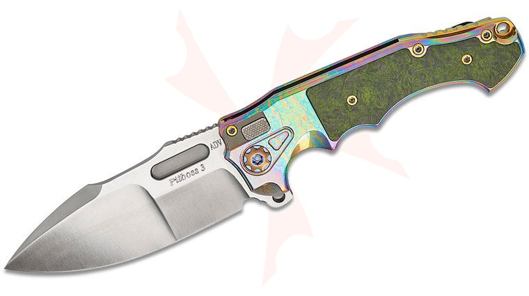 Andre De Villiers Knives Mini Pitboss 3 Flipper Knife 3.625 inch S35VN Satin Compound Drop Point Blade, Iridescent Acid Rain Titanium Handles with Green Carbon Fiber Inlays