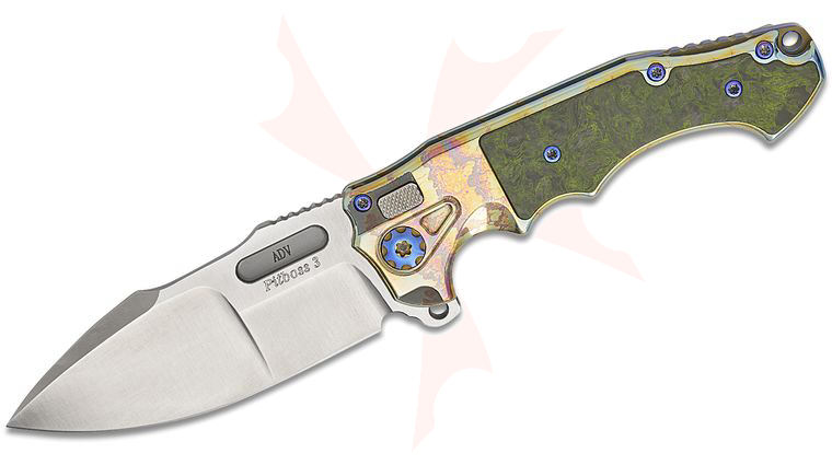 Andre De Villiers Knives Mini Pitboss 3 Flipper Knife 3.625 inch S35VN Satin Compound Drop Point Blade, Acid Rain Titanium Handles with Green Carbon Fiber Inlays