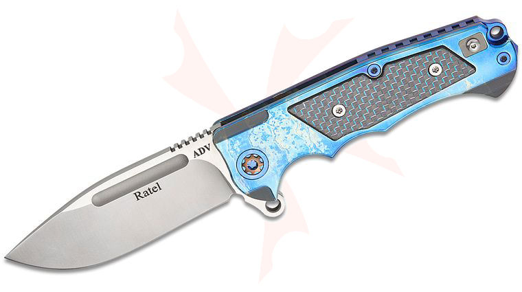 Andre De Villiers Knives Mini Ratel Flipper Knife 3.625 inch S35VN Satin Drop Point Blade, Blue Acid Rain Titanium Handles with Blue Lightning Strike Carbon Fiber Inlays