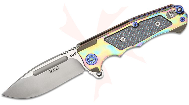 Andre De Villiers Knives Mini Ratel Flipper Knife 3.625 inch S35VN Satin Drop Point Blade, Iridescent Acid Rain Titanium Handles with Blue Lightning Strike Carbon Fiber Inlays