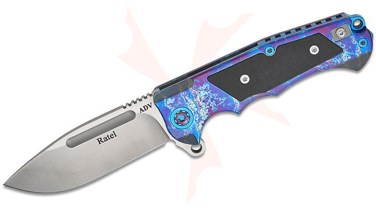 Andre De Villiers Knives Mini Ratel Flipper Knife 3.625 inch S35VN Satin Drop Point Blade, Purple Acid Rain Titanium Handles with Black G10 Inlays