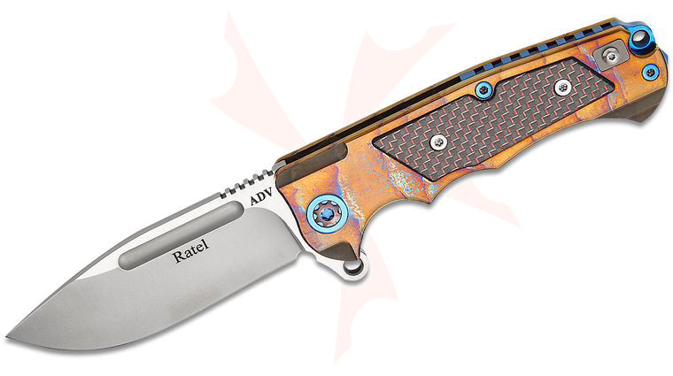 Andre De Villiers Knives Mini Ratel Flipper Knife 3.625 inch S35VN Satin Drop Point Blade, Acid Rain Titanium Handles with Red Lightning Strike Carbon Fiber Inlays