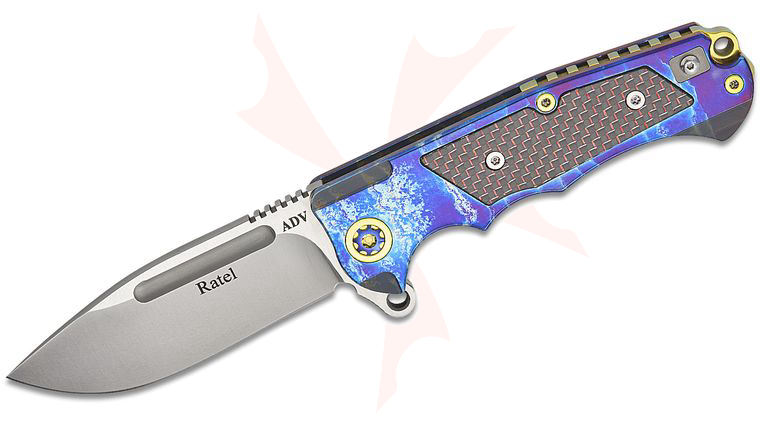 Andre De Villiers Knives Mini Ratel Flipper Knife 3.625 inch S35VN Satin Drop Point Blade, Blue Acid Rain Titanium Handles with Red Lightning Strike Carbon Fiber Inlays