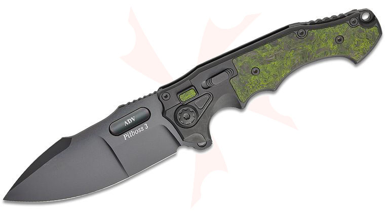 Andre De Villiers Knives Pitboss 3 Large Button Lock Flipper Knife with Safety 4.375 inch S35VN Black Cerakote Compound Drop Point Blade, Black Titanium Handles with Green Carbon Fiber Inlays