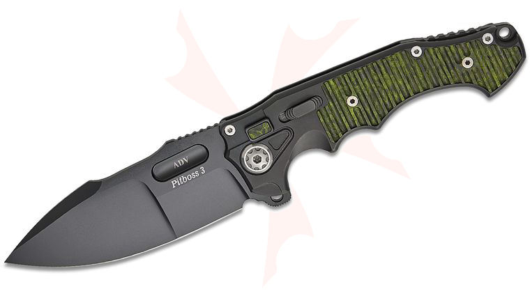Andre De Villiers Knives Pitboss 3 Large Button Lock Flipper Knife with Safety 4.375 inch S35VN Black Cerakote Compound Drop Point Blade, Black Titanium Handles with Milled Green Carbon Fiber Inlays