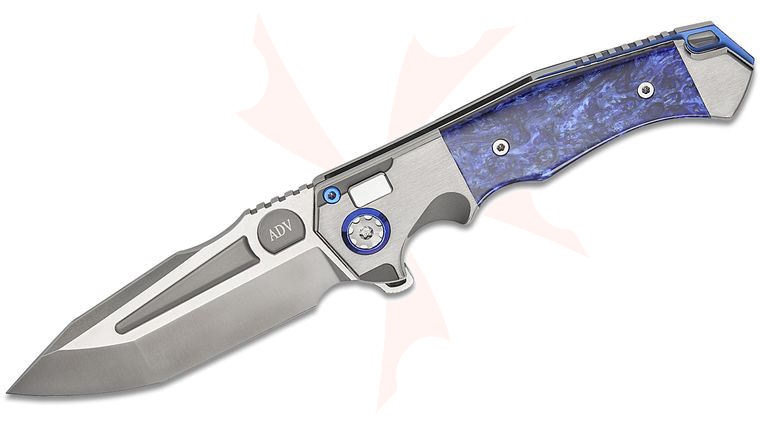Andre De Villiers Knives Ronin Button Lock Flipper Knife 4.05 inch M390 Satin Tanto Blade, Satin Titanium Handles with Arctic Blue Kirinite Inlays