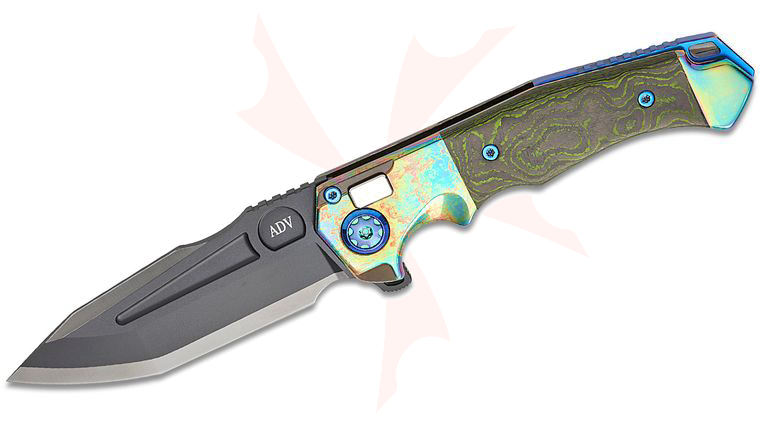 Andre De Villiers Knives Ronin Button Lock Flipper Knife 4.05 inch M390 Black Cerakote Tanto Blade, Acid Rain Titanium Handles with Jungle Wear FatCarbon Inlays