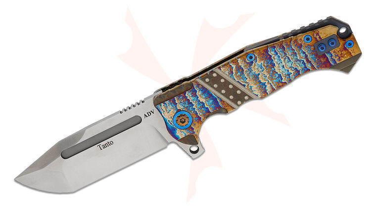 Andre De Villiers Knives Tanto #02 Flipper Knife 3.875 inch S35VN Satin Tanto Blade, Acid Rain Milled Titanium Handles, Blue Accents
