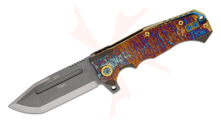 Andre De Villiers Knives Tanto #52 Flipper Knife 3.875 inch S35VN Blasted Two-Tone Tanto Blade, Acid Rain Titanium Handles, Gold Accents