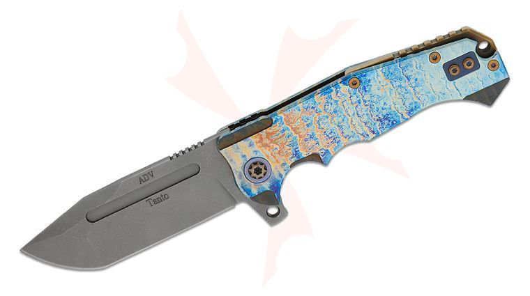 Andre De Villiers Knives Tanto #05 Flipper Knife 3.875 inch S35VN Blasted Tanto Blade, Blue Acid Rain Titanium Handles, Bronze Accents