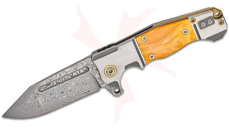 Andre De Villiers Knives Tracker Frame Lock Flipper Knife 4 inch VG10 Damascus Clip Point Blade, Satin Milled Titanium Handles with Fire Kirinite Inlays