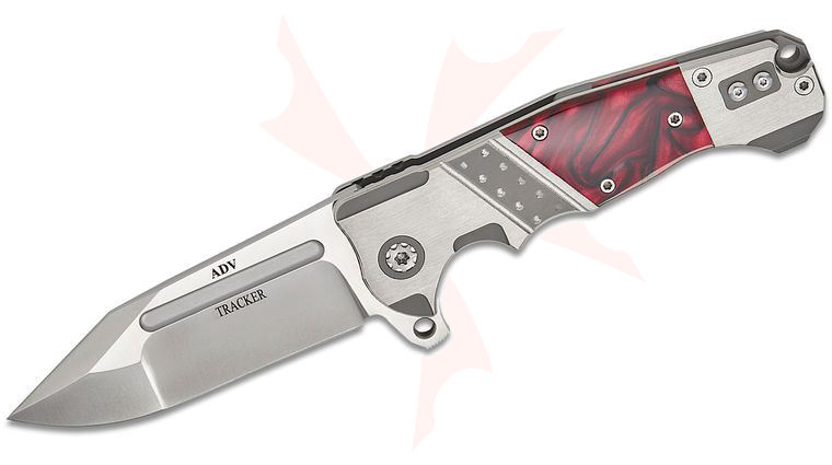 Andre De Villiers Knives Tracker Frame Lock Flipper Knife 4 inch S35VN Satin Compound Clip Point Blade, Satin Milled Titanium Handles with Red Kirinite Inlays